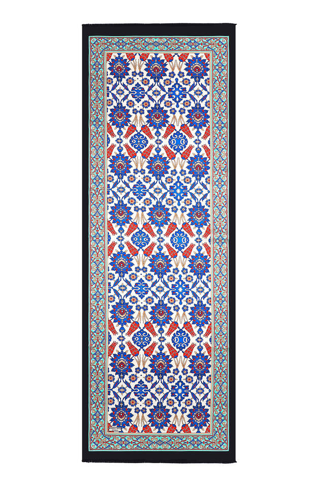 Lacivert Saks Çini Lale İpek Fular - 4