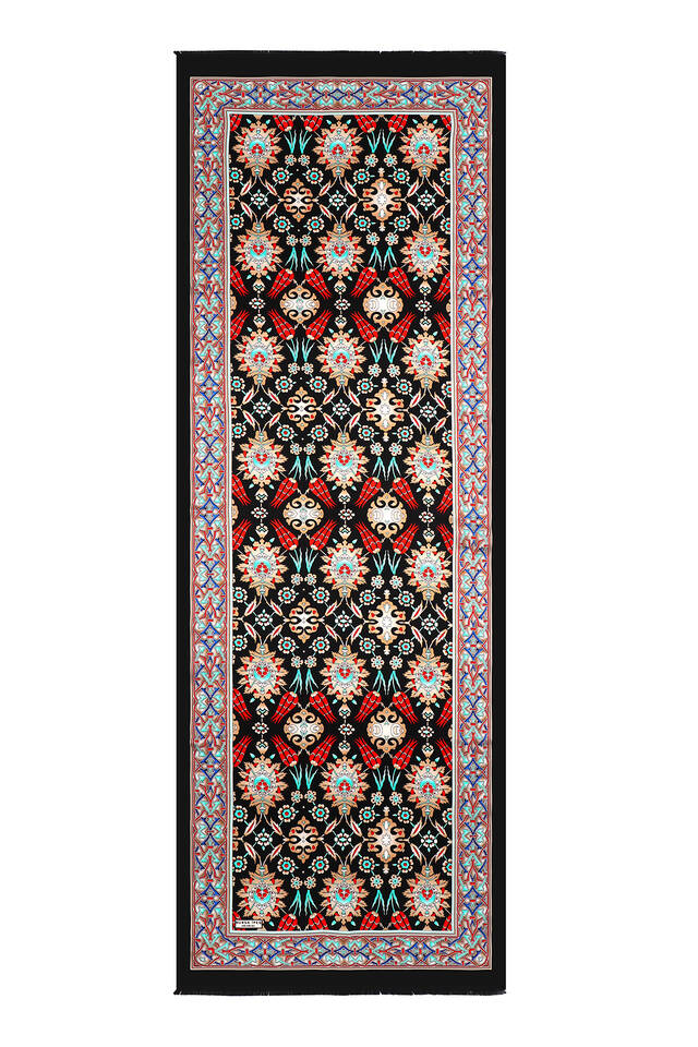 Siyah Bej Çini Lale İpek Fular - 4
