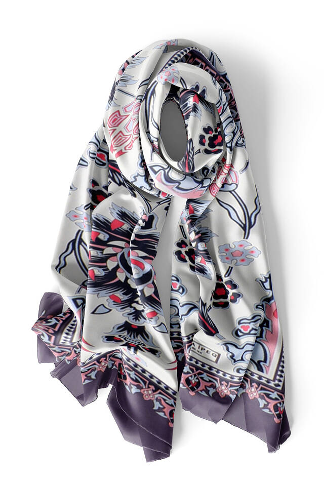 Mürdüm Lacivert Çini Lale Vual İpek Fular - 3