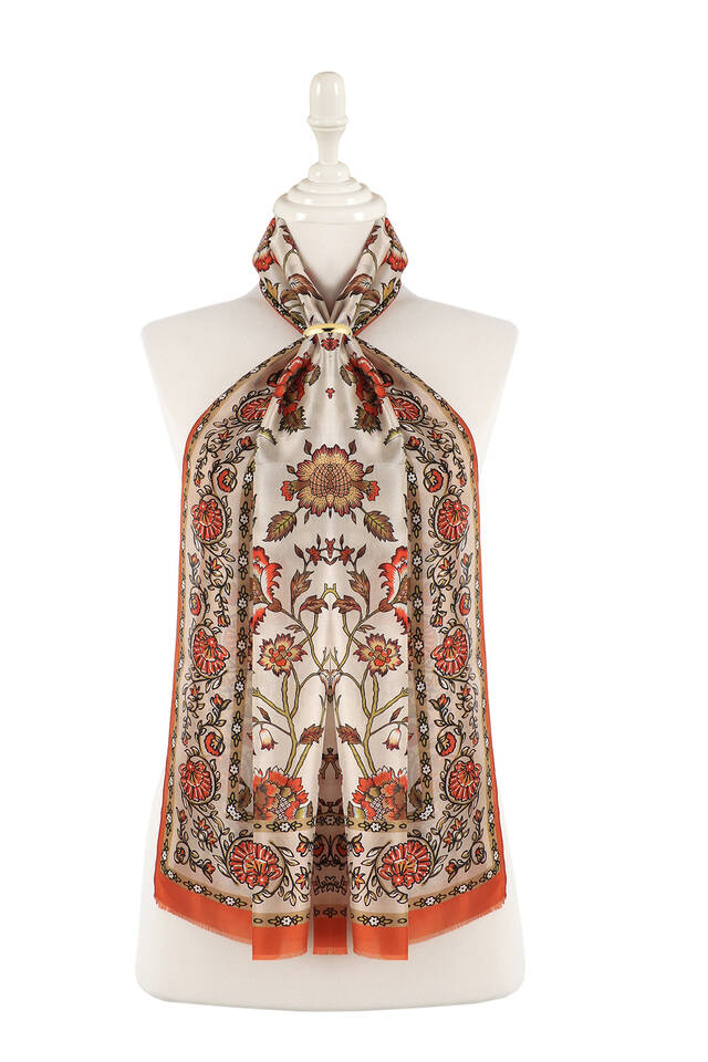 Cinnamon Lily Pattern Voile Silk Foulard - Bursa İpek