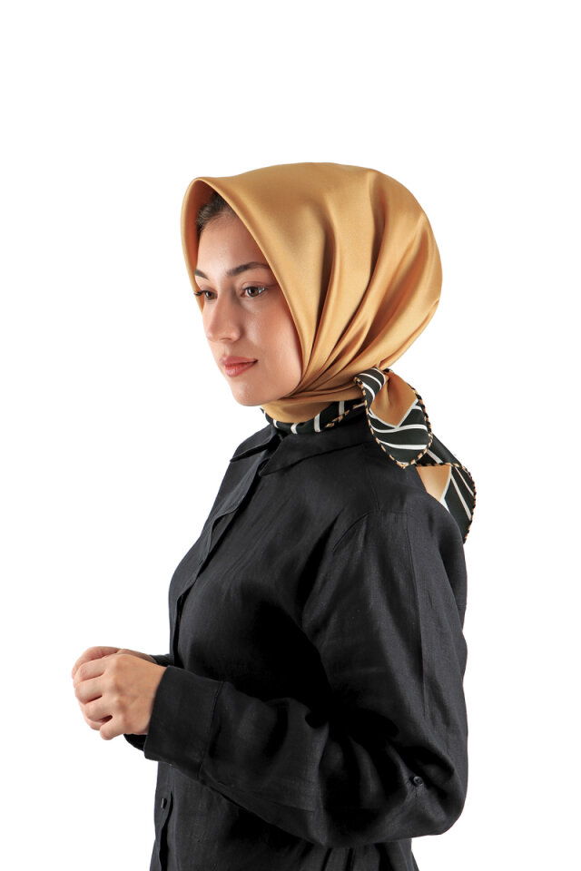 Gold Çizgi Desen Twill İpek Eşarp - 1