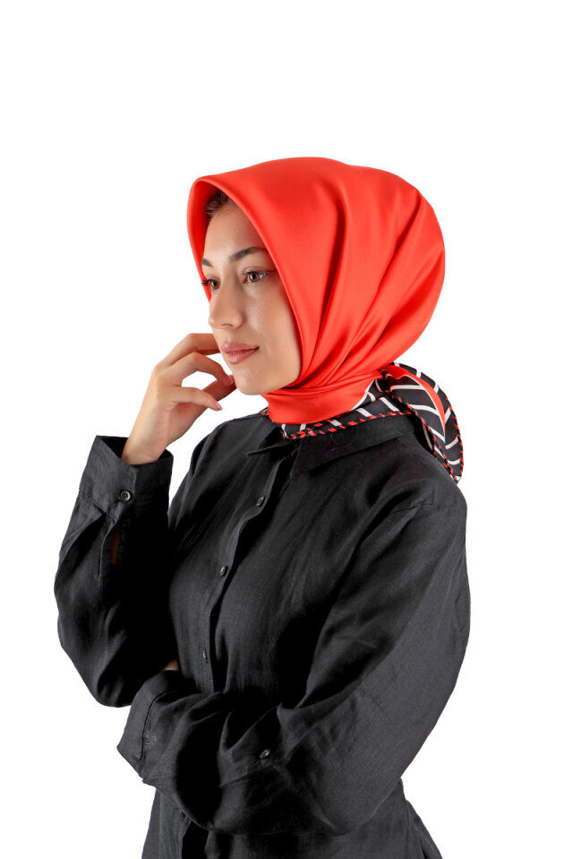 Kırmızı Çizgi Desen Twill İpek Eşarp - 2