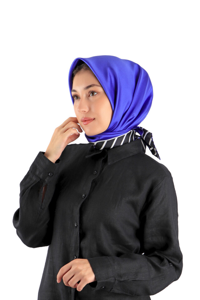 Saks Çizgi Desen Twill İpek Eşarp - 2