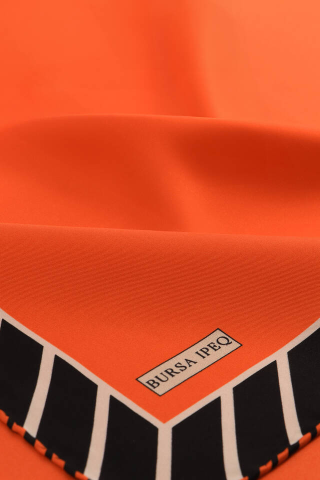 Turuncu Çizgi Desen Twill İpek Eşarp - 3