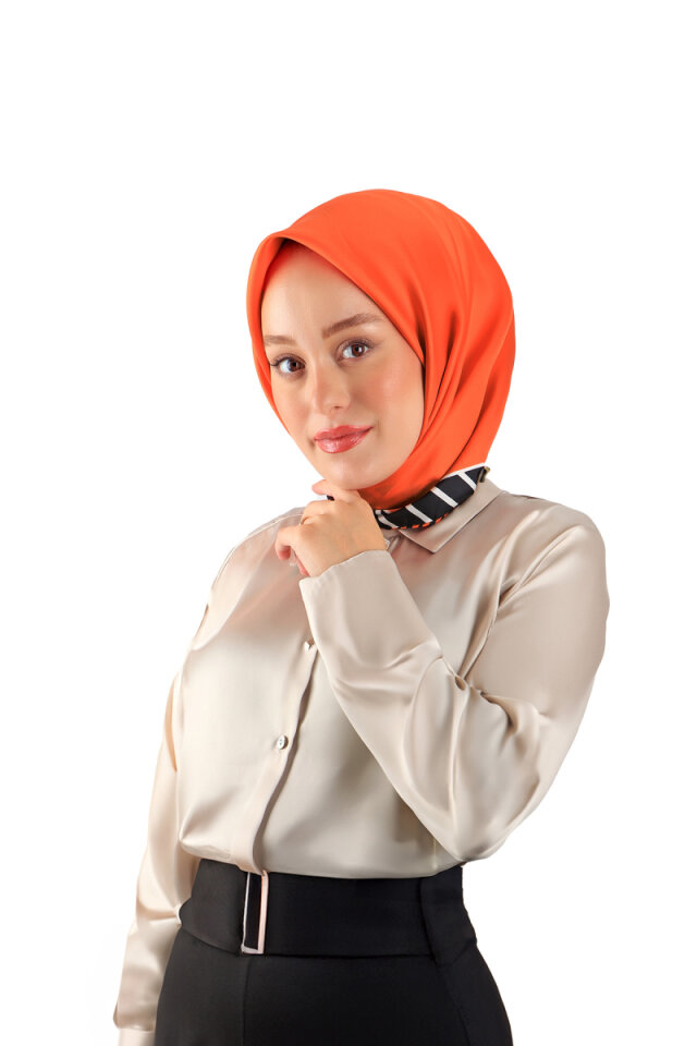 Turuncu Çizgi Desen Twill İpek Eşarp 