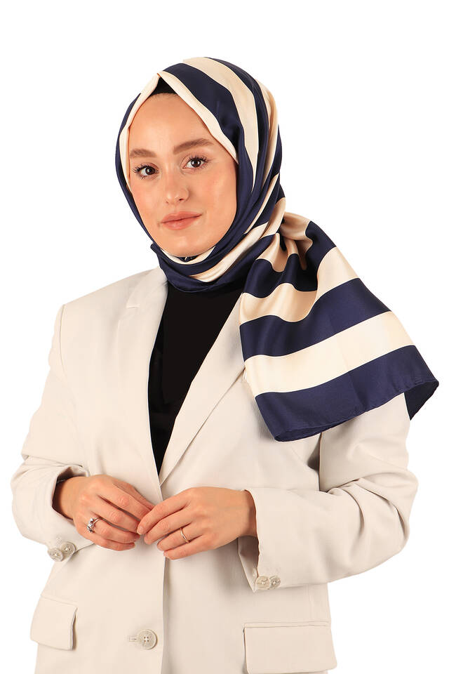 Lacivert Çizgi Desen Twill İpek Şal - 3