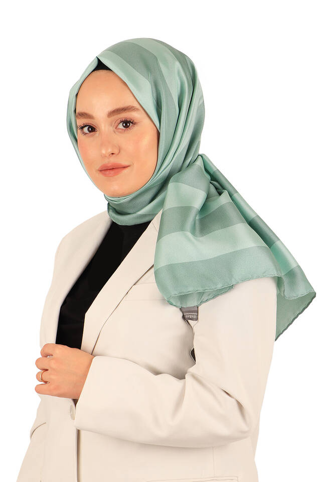 Mint Çizgi Desen Twill İpek Şal - 3