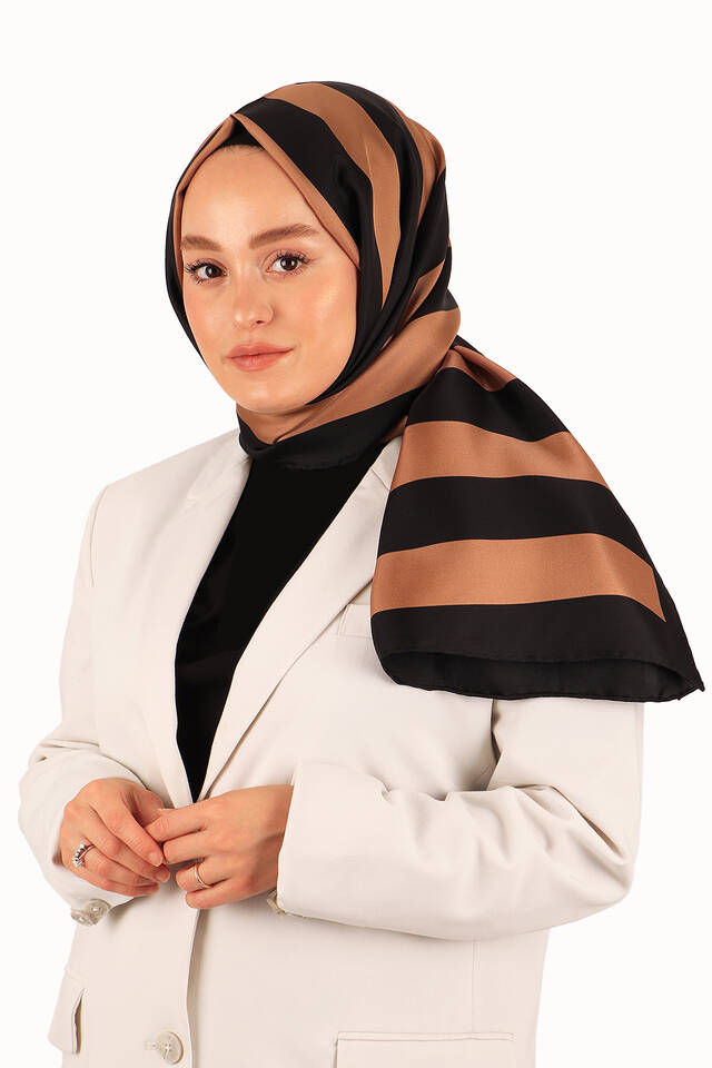 Taba Çizgi Desen Twill İpek Şal - 3