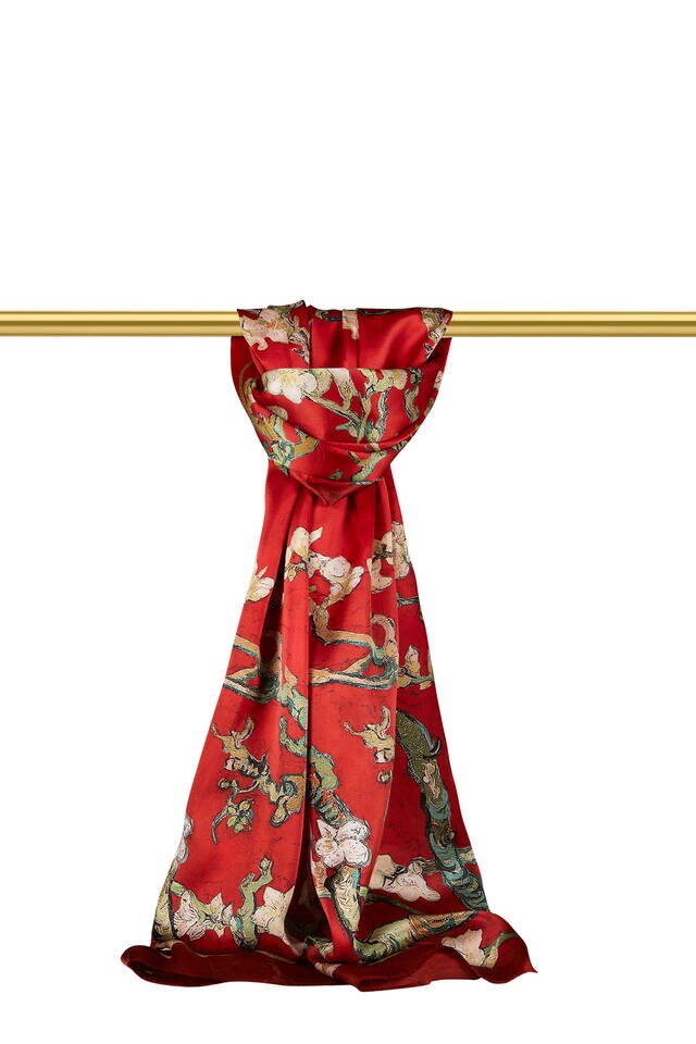 Claret Red Almond Blossom Silk Scarf - 1