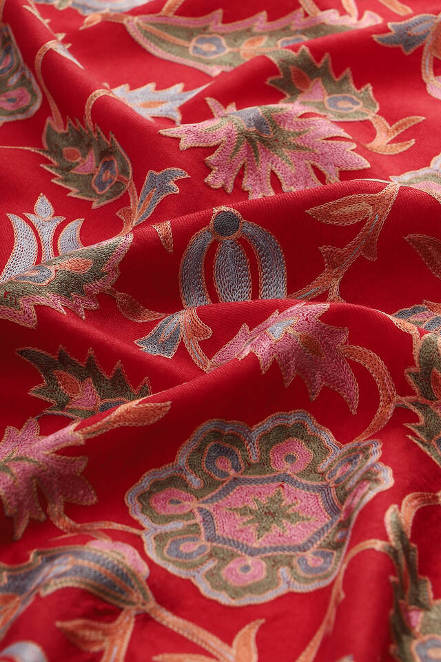 Claret Red Fully Embroidered Suzani Wool Shawl - 4