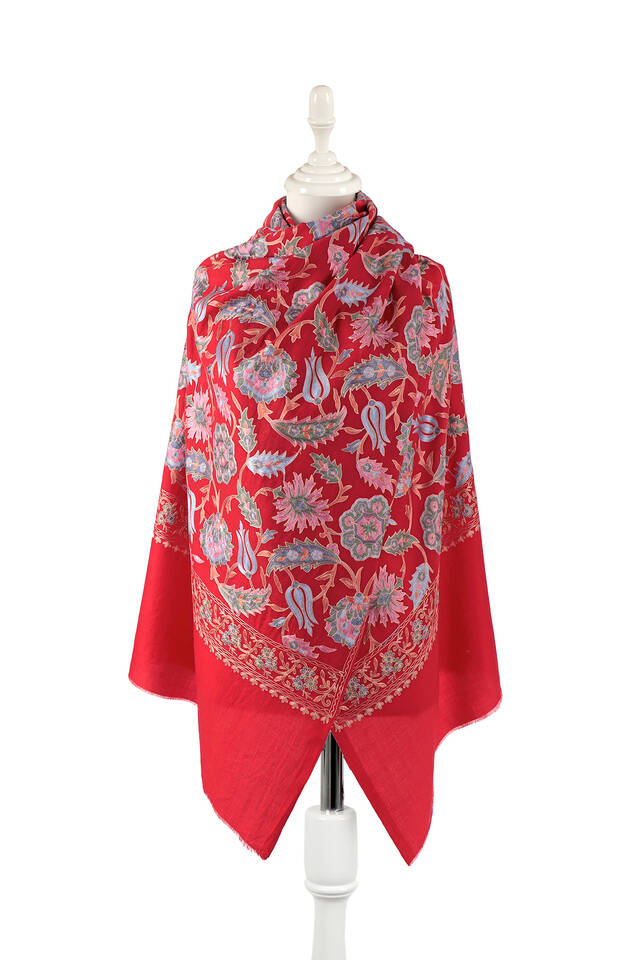 Claret Red Fully Embroidered Suzani Wool Shawl - Bursa İpek