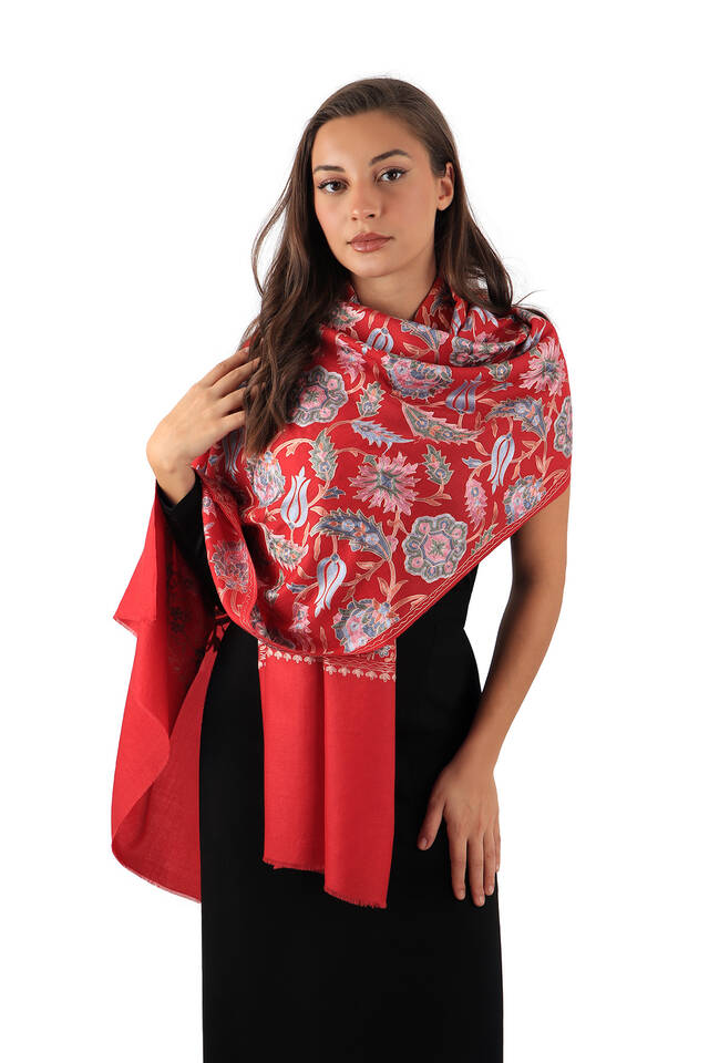 Claret Red Fully Embroidered Suzani Wool Shawl - 2