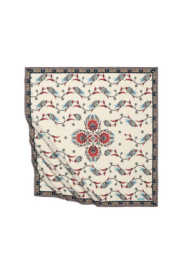 Claret Red Row Tulip Pattern Silky Square Scarf - Bursa İpek