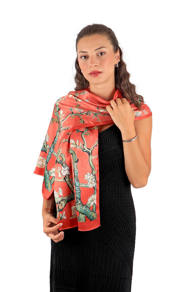 Coral Almond Blossom Silk Foulard - 2