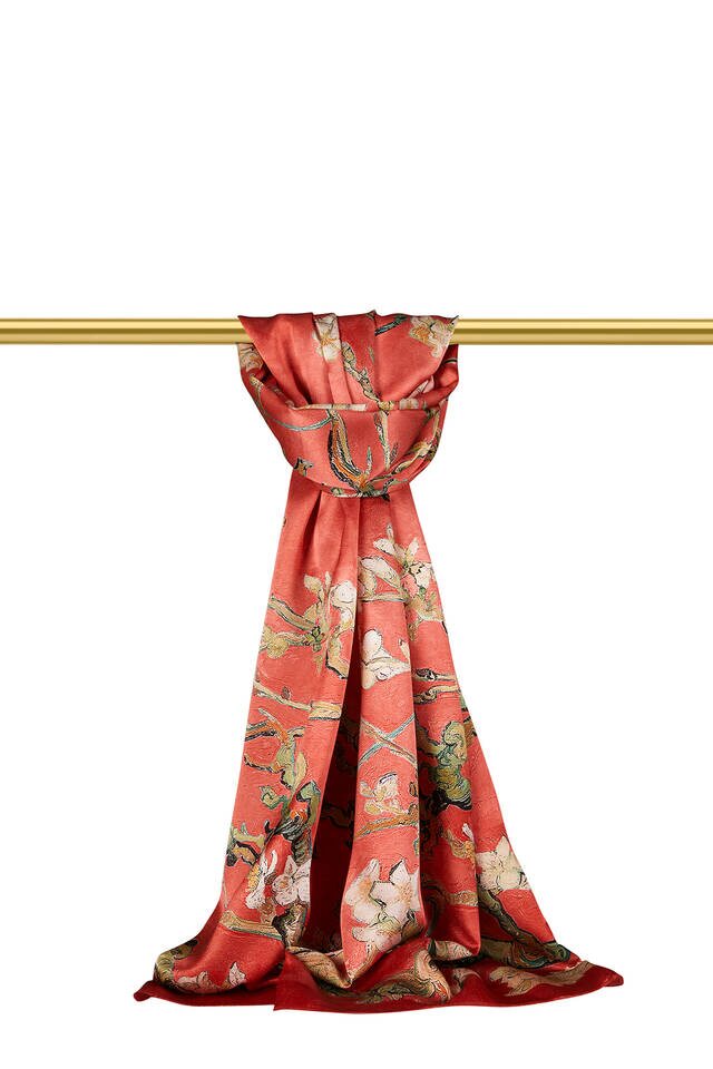 Coral Almond Blossom Silk Scarf - 1