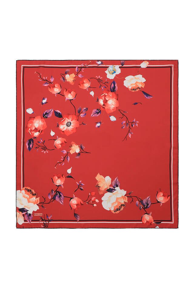 Coral Floral Twill Silk Square Scarf - 2