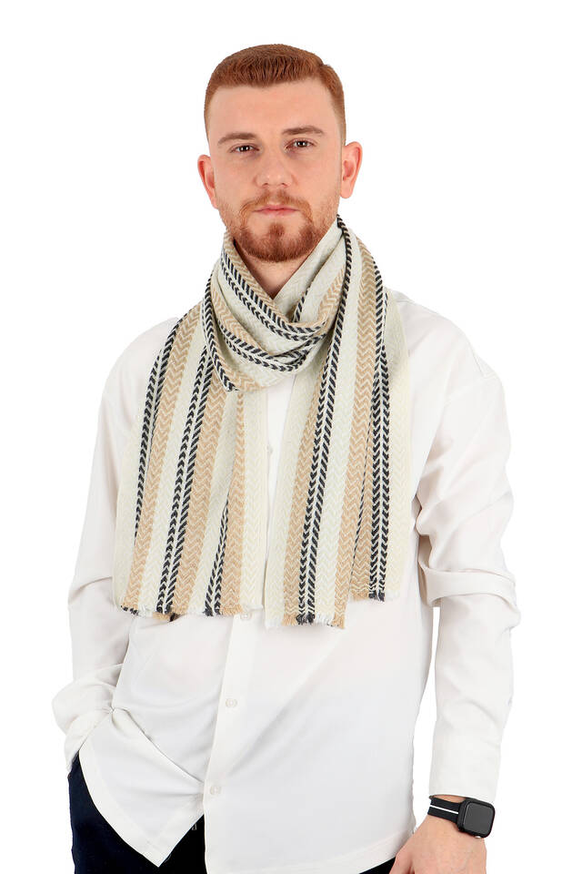 Cream Anthracite Patterned Men's Wool Scarf - 2
