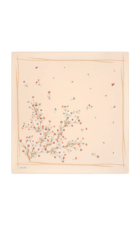 Cream Daisy Pattern Twill Silk Square Scarf - 2