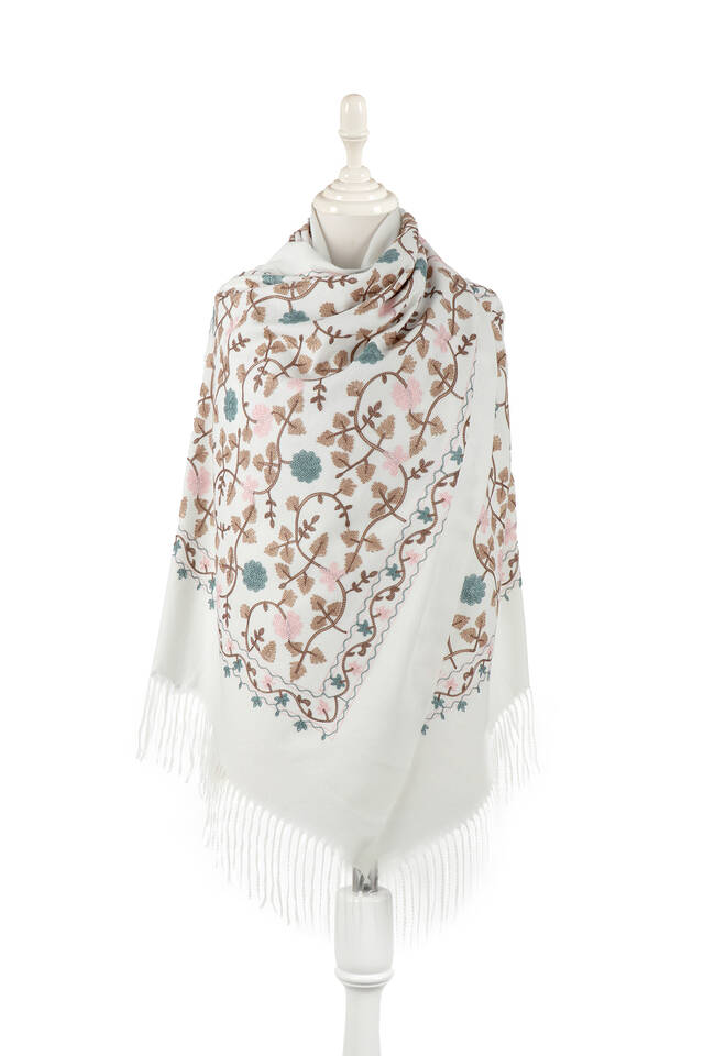 Cream Embroidered Winter Shawl - Bursa İpek