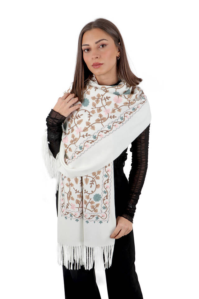 Cream Embroidered Winter Shawl - 2