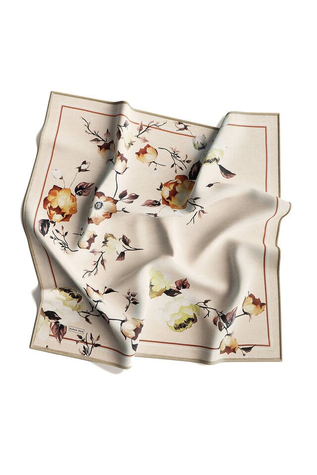 Cream Floral Twill Silk Square Scarf - 4