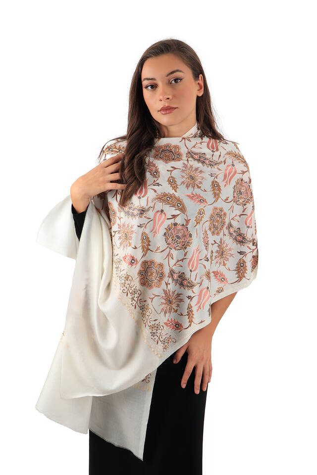 Cream Fully Embroidered Suzani Wool Shawl - 2