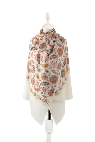 Cream Fully Embroidered Suzani Wool Shawl 