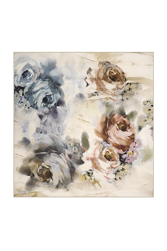 Cream Pastel Pattern Sura Silk Square Scarf - Bursa İpek