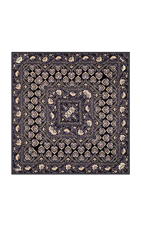Dark Indigo Crown Pattern Twill Silk Scarf - 2