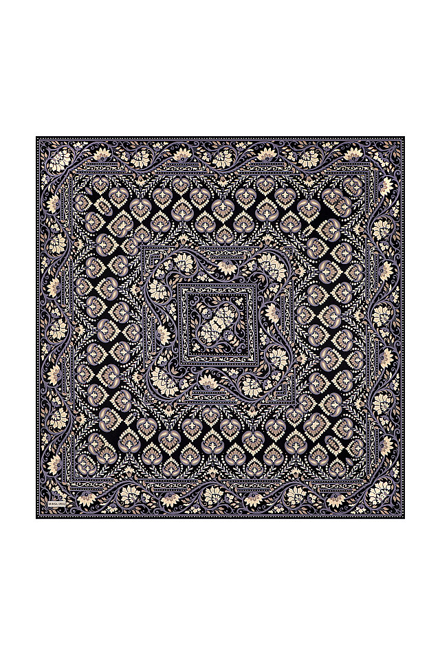 Dark Indigo Crown Pattern Twill Silk Scarf 