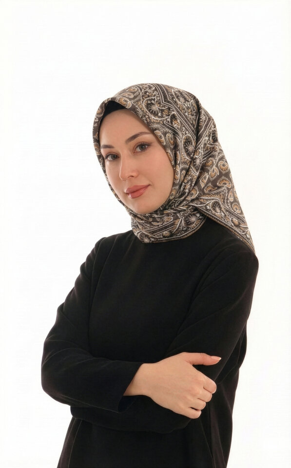 Dark Stone Crown Pattern Twill Silk Scarf - Bursa İpek