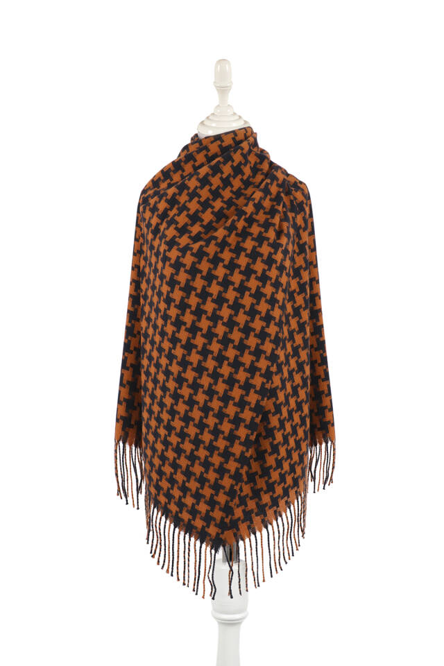 Tan Houndstooth Pattern Winter Shawl - Bursa İpek
