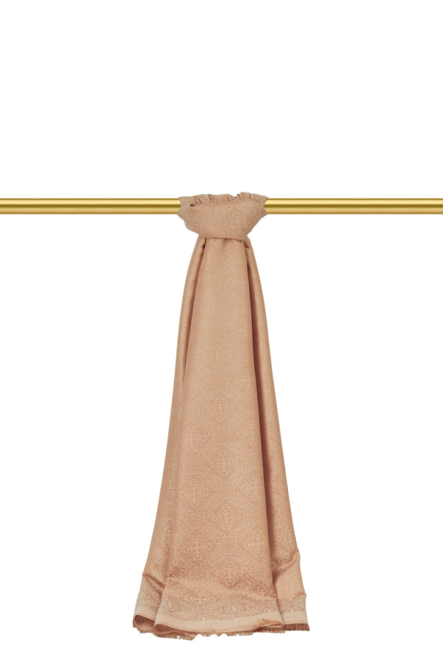 Bej Damask Desen Jakarlı İpek Şal - Bursa İpek