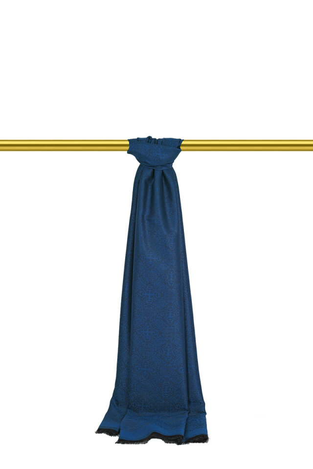 Gece Mavi Damask Desen Jakarlı İpek Şal - Bursa İpek