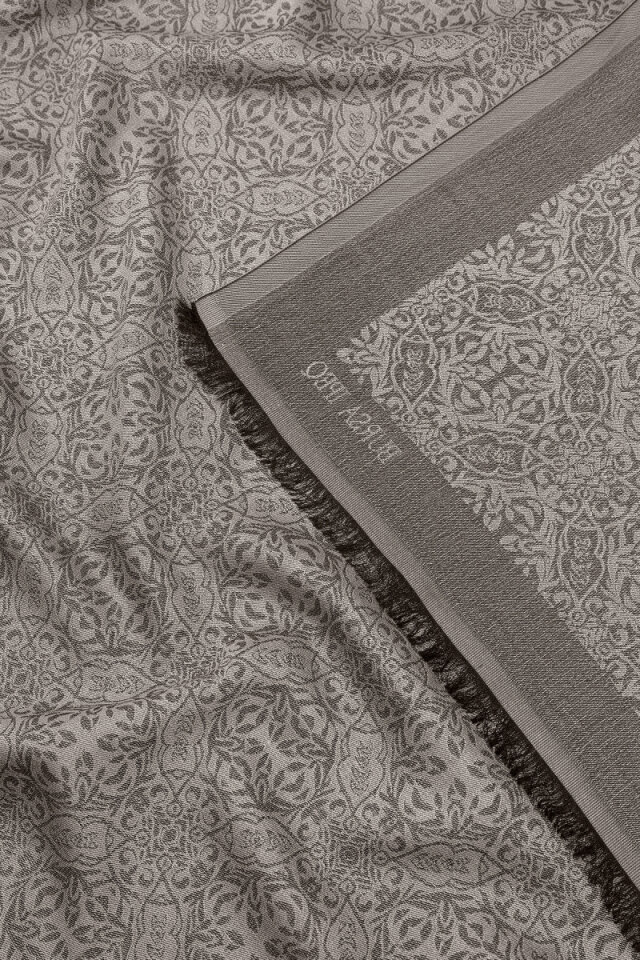 Gri Damask Desen Jakarlı İpek Şal - 3