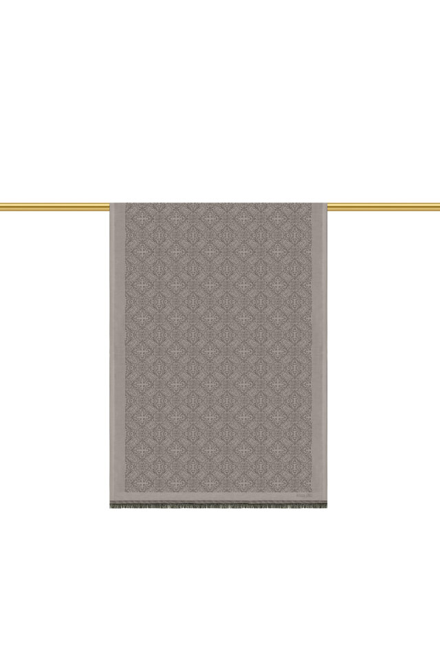 Gri Damask Desen Jakarlı İpek Şal - 2