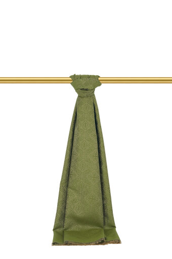 Haki Damask Desen Jakarlı İpek Şal 