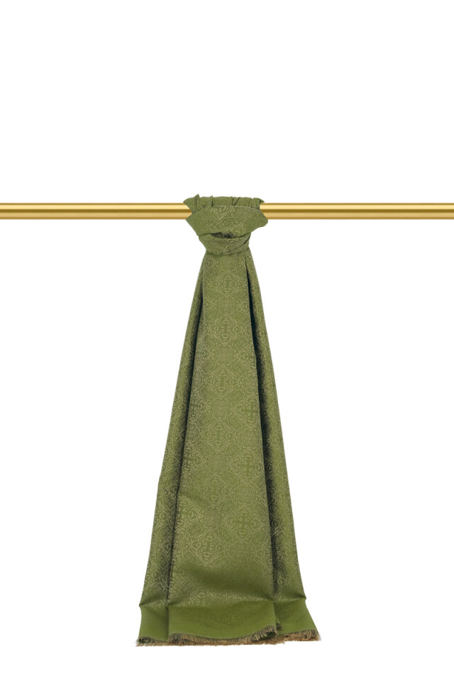 Haki Damask Desen Jakarlı İpek Şal 