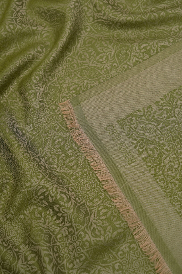 Haki Damask Desen Jakarlı İpek Şal - 3