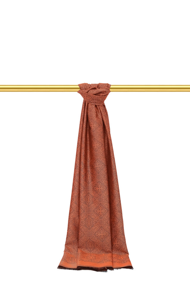 Kiremit Damask Desen Jakarlı İpek Şal 