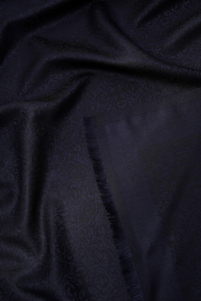 Koyu Lacivert Damask Desen Jakarlı İpek Şal - 3
