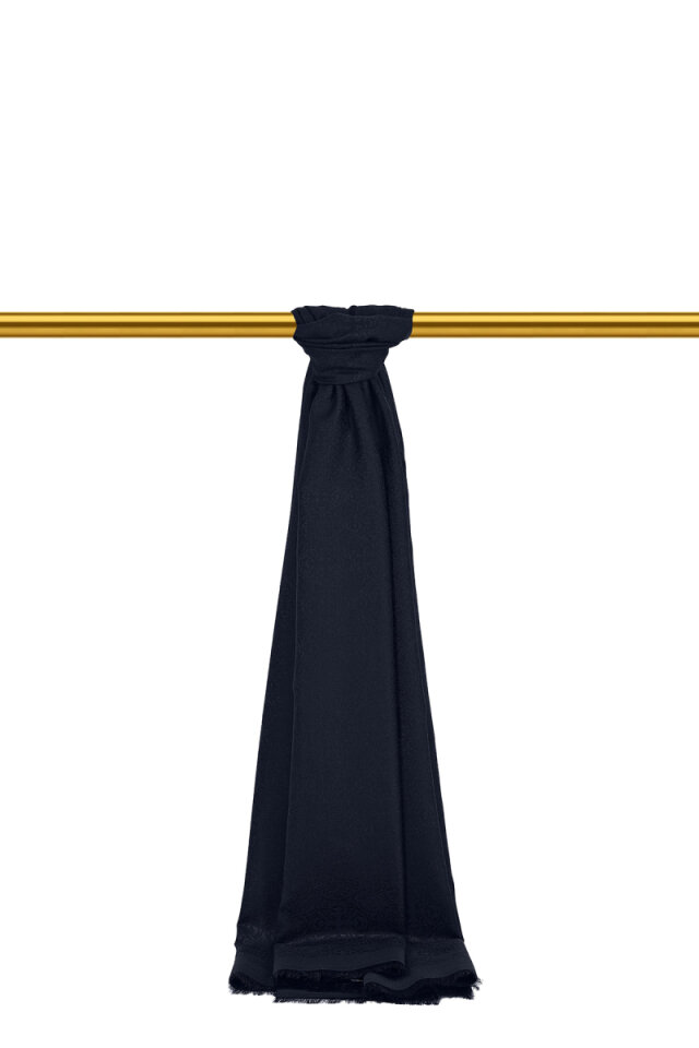 Koyu Lacivert Damask Desen Jakarlı İpek Şal - Bursa İpek