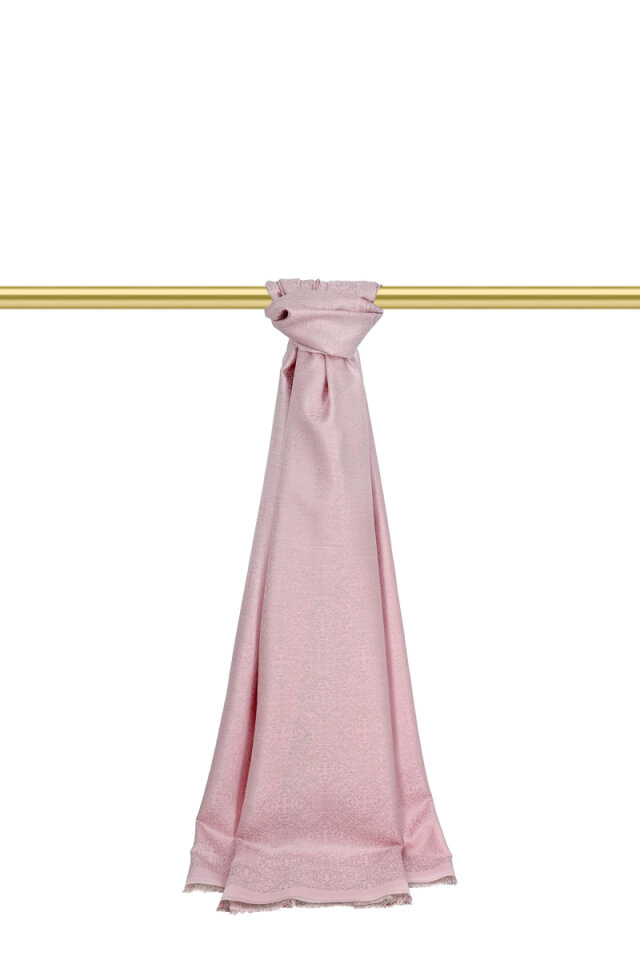 Pudra Damask Desen Jakarlı İpek Şal 