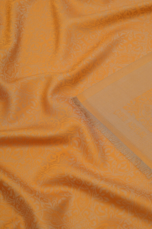 Turuncu Damask Desen Jakarlı İpek Şal - 3