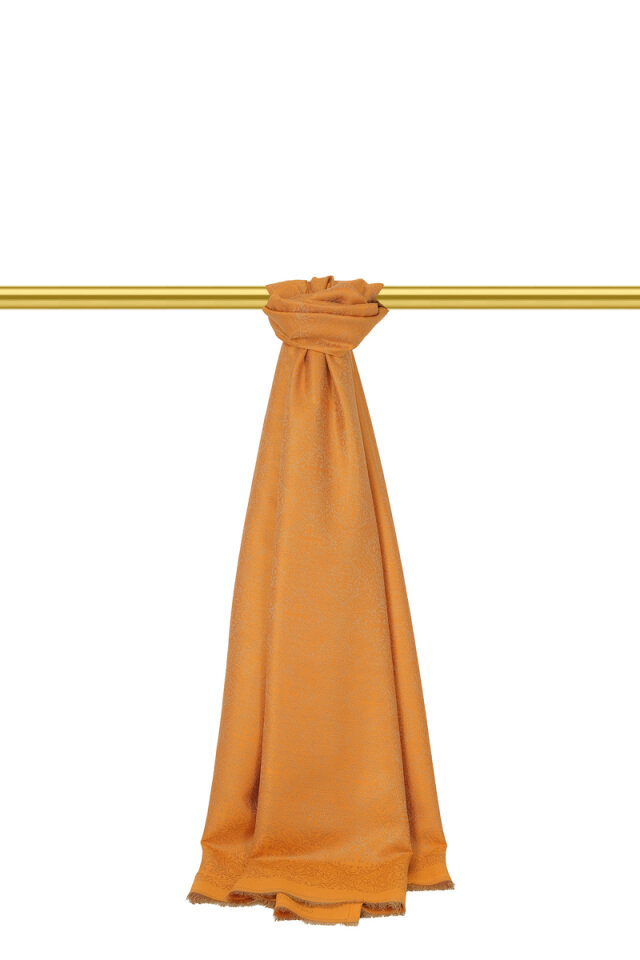 Turuncu Damask Desen Jakarlı İpek Şal - Bursa İpek