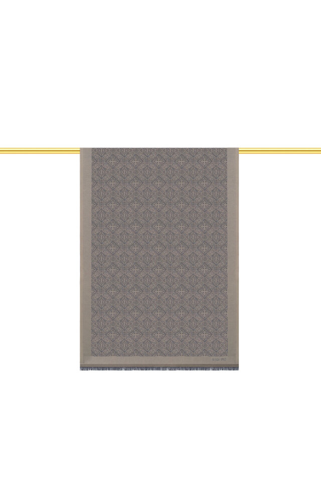 Vizon Damask Desen Jakarlı İpek Şal - 1