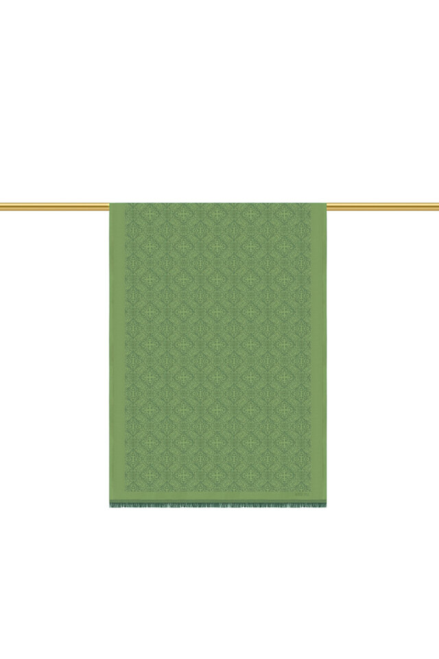 Yeşil Damask Desen Jakarlı İpek Şal 