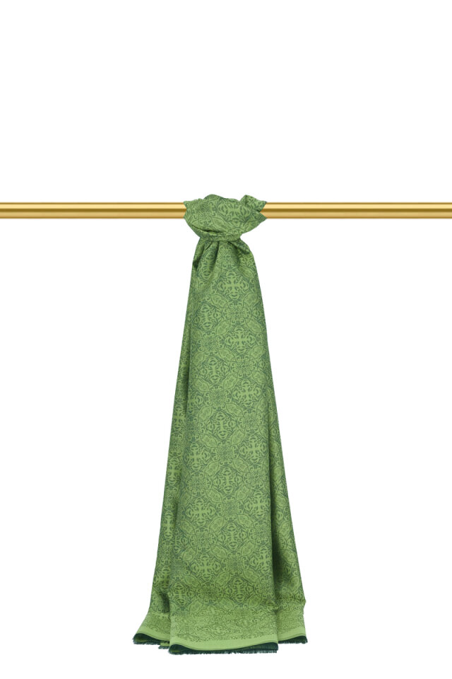 Yeşil Damask Desen Jakarlı İpek Şal - Bursa İpek