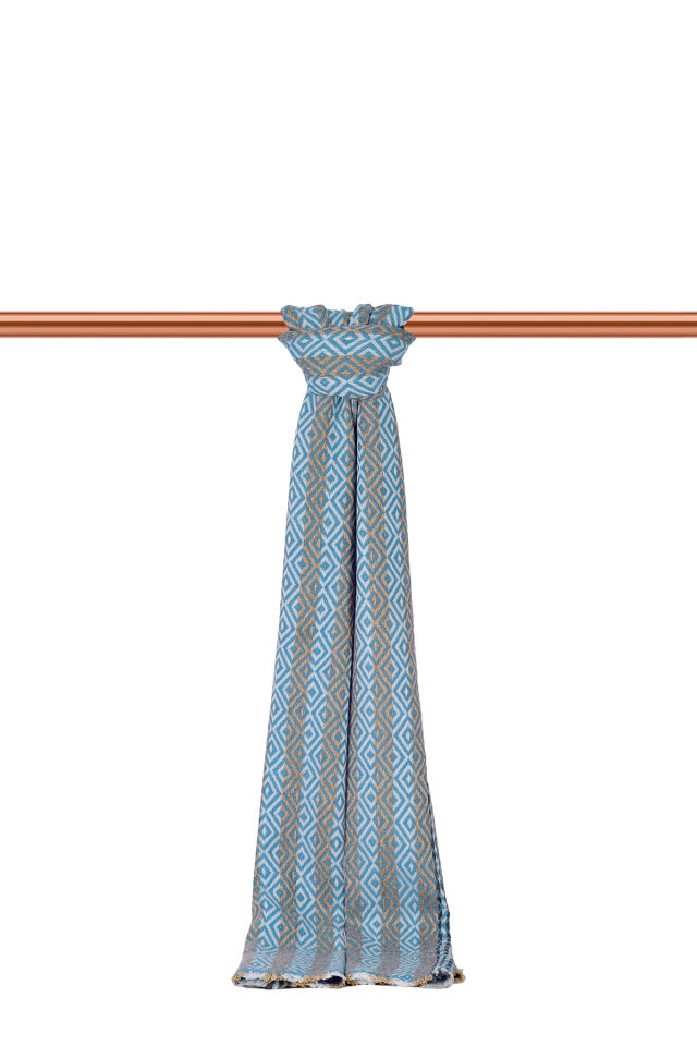 Turkuaz Bej Desenli Dar Yün Kaşkol - Bursa İpek