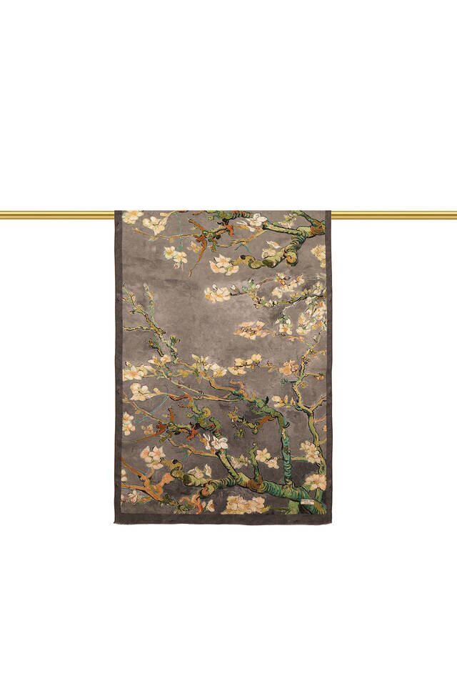 Dark Gray Almond Blossom Silk Scarf - 2